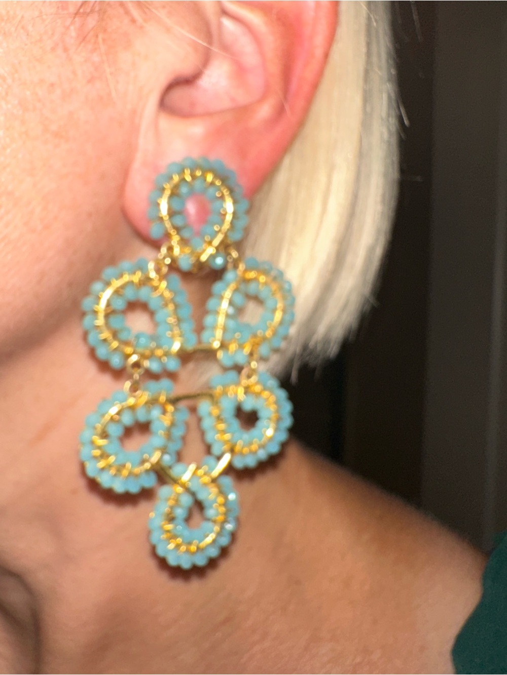 Lisi Lerch Gold and Aqua Beaded Statement Drop Earrings - Aqua CLIP ON - Picture 5 of 5